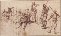 Two Standing Soldiers and Six other Figures, Salvator Rosa (Italian, Arenella (Naples) 1615–1673 Rome), Pen and brown ink